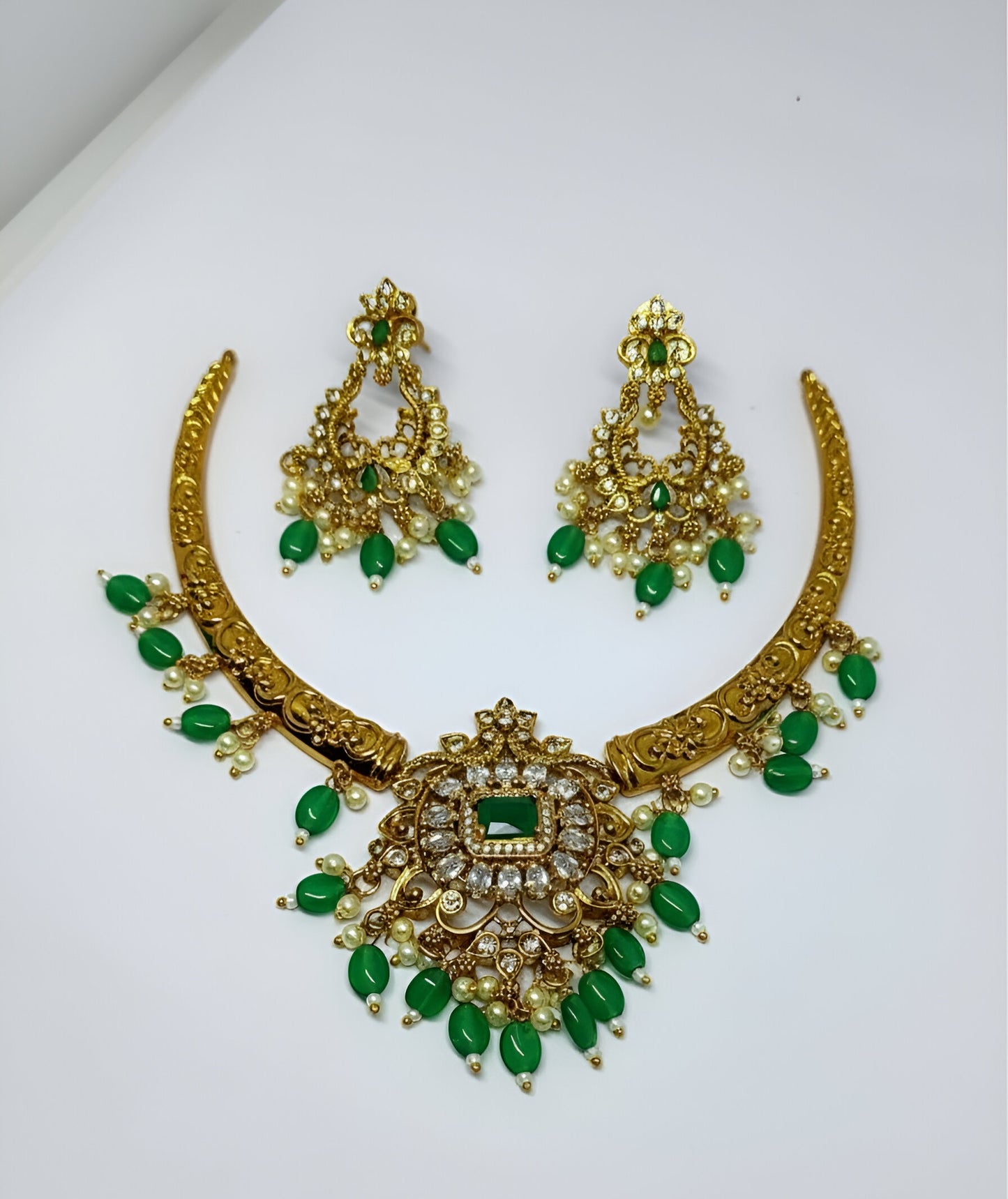 Royal Green Stone Kundan Necklace Set with Earrings | Bridal & Ethnic Jewellery