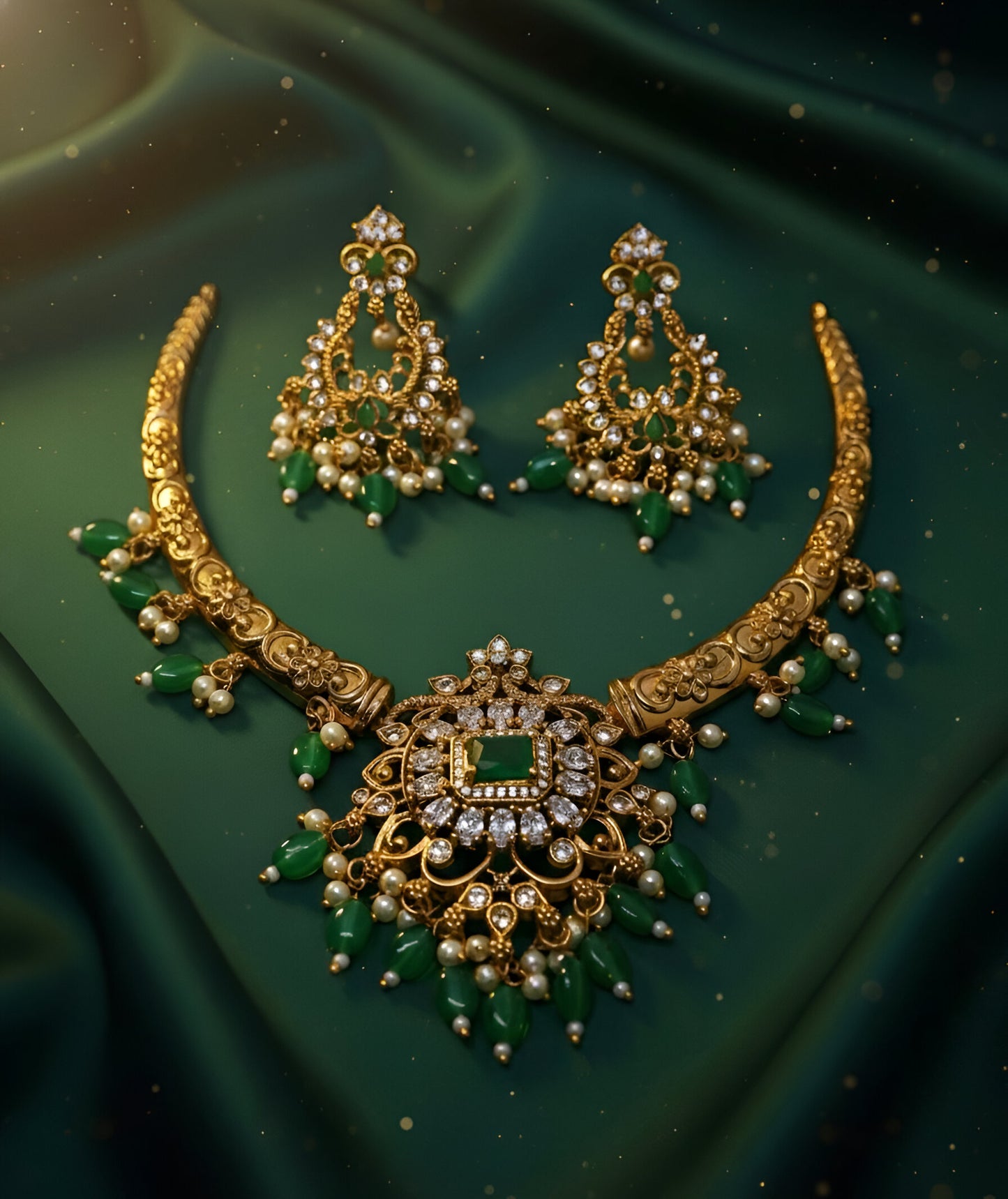 Royal Green Stone Kundan Necklace Set with Earrings | Bridal & Ethnic Jewellery